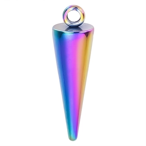 Detailed view of rainbow iridescent stainless steel cone pendant with top ring