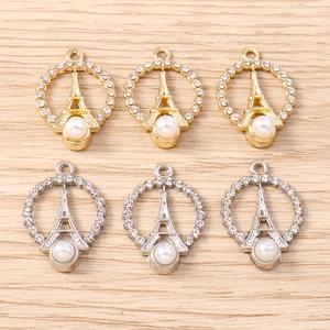 Rhinestone Eiffel Tower charms with pearls and rings for creative DIY jewelry making