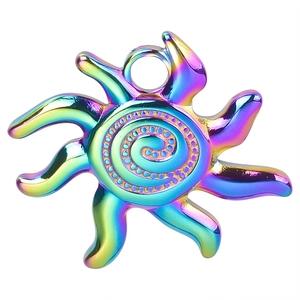 Macro shot of sun-shaped pendant with rainbow plating and spiral textured center