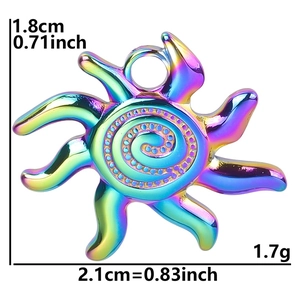 Detail view of rainbow sun pendant with spiral center and engraved size measurements