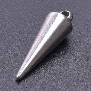 Detailed macro view of a polished stainless steel conical pendant with silver finish