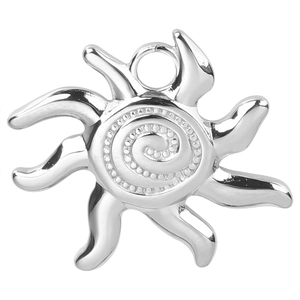 Polished stainless steel sun pendant with spiral center and radiant sunburst design