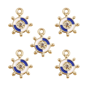 5 pieces of gold alloy nautical ship wheel charms with blue white enamel and crystal
