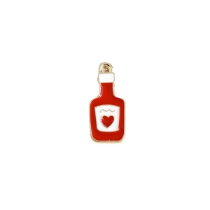 Mini-Ketchup-Flaschenanhänger aus rotem Emaille mit goldener Öse und Herz-Detail