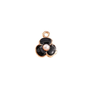 Pendentif fleur en alliage doré avec émail noir et perle pour création de bijoux DIY