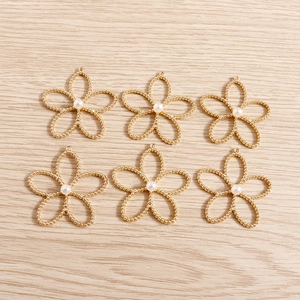 Set of 6 gold hollow flower pendants with imitation pearls for DIY jewelry making