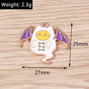 Detail view of cat ghost enamel charm with purple bat wings for Halloween jewelry