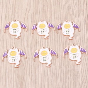 6-pack Halloween cat ghost enamel alloy charms with purple bat wings for DIY jewelry