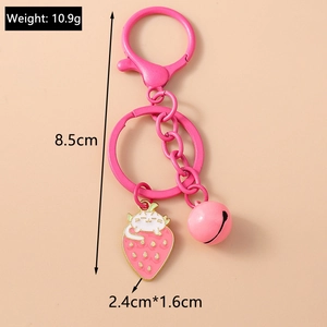Detailed view of cat strawberry keychain with pink bell and dimensions measuring 8.5cm
