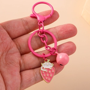 Cute pink strawberry cat keychain with bell and enamel metal ring for girls