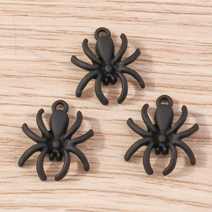 Macro view of matte black spider alloy pendants with built-in loops for DIY jewelry