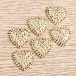Set of gold heart pendants with rhinestones and quilted texture for DIY jewelry making
