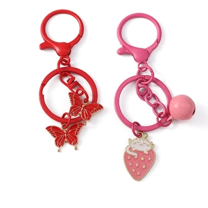 Cartoon butterfly strawberry cat keychain pendants with bells and lobster clasps for bags