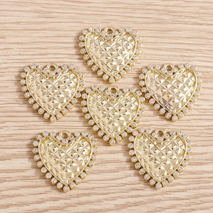 Golden Alloy Rhinestone Heart Quilted Texture Pendant Only (Without Chain) DIY Jewelry Making Necklace Bracelet Accessories