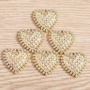 Set of 6 gold rhinestone heart pendants with quilted texture for DIY jewelry making