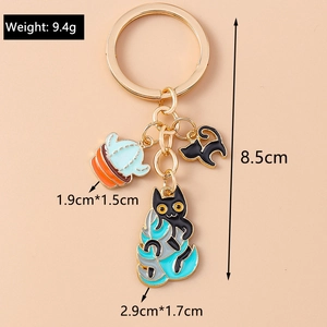 Detailed view of cartoon cat and cactus alloy keychain showing weight and size measurements