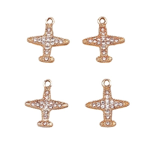 Lot de quatre pendentifs avion en or rose avec strass pour création de bijoux