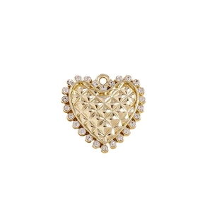 Sparkling gold heart pendant with quilted texture and rhinestone borders for DIY jewelry
