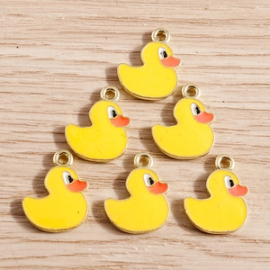 Set of 6 yellow cartoon duck charms in enamel and alloy for DIY jewelry making