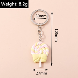 Detailed view of candy-colored swirl lollipop keychain with dimensions and silver ring