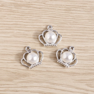 Three silver crown pendants with large white pearls and rhinestones for DIY jewelry making
