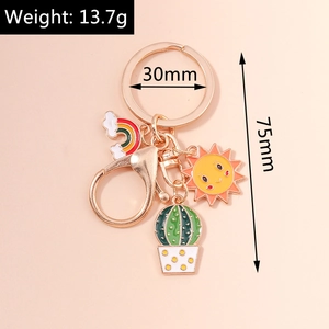 Detail of sunflower and cactus keychain showing 75mm length and 30mm ring size