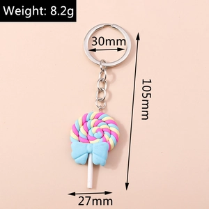 Detailed size specifications of the colorful spiral lollipop keychain with blue bow