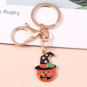 Halloween pumpkin keychain with black witch hat and gold lobster clasp for backpack
