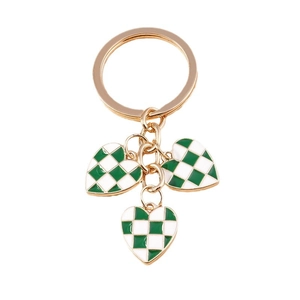 Fashionable checkerboard heart keychain with gold ring and green white enamel charms