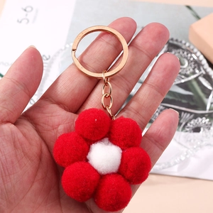 Red Flower Plush Keychain Cute Floral Pom Pom Bag Charm Gold Metal Ring Pendant For Women Girls Handbag Decorative Gift