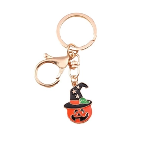 Halloween pumpkin keychain with witch hat and lobster clasp on rose gold metal ring