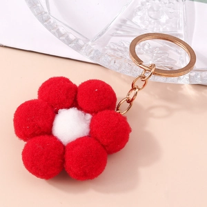 Plush red flower keychain with gold ring pendant for backpacks and handbags decoration