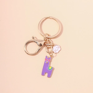 Detail of cute alpaca keychain with pink sunglasses and a smiling white cloud charm
