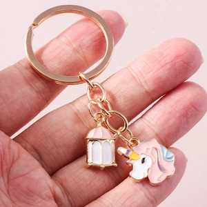 Porte-clés licorne et cage à oiseaux en alliage or rose avec émail multicolore