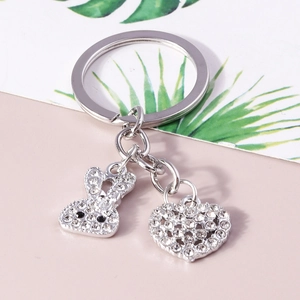 Portachiavi con coniglio e cuore di cristallo scintillante in metallo argento per zaini