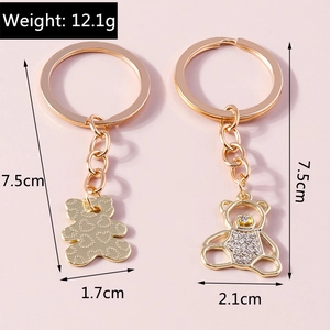Detailed size chart of cute hollow teddy bear keychain with rhinestones and golden finish
