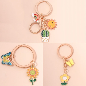 Cute Cartoon Zinc Alloy Enamel Keychain Colorful Rainbow Sun Cactus Sunflower Butterfly Smile Face Bag Pendant For Women Girls Gift