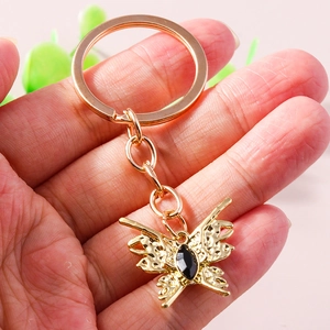 Baroque Style Gold Plated Alloy Butterfly Keychain With Black Rhinestone Hollow Carved Bag Charm For Women Jewelry Accessory