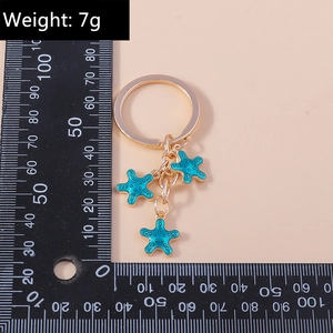 Vue détaillée du porte-clés étoile de mer avec breloques en émail bleu sur règle