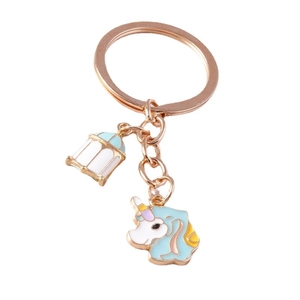 Porte-clés licorne avec anneau or rose et breloques en émail bleu pour sac à dos