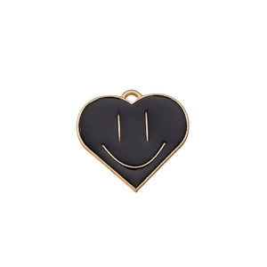 Golden heart-shaped smiley face pendant with black enamel finish for DIY jewelry