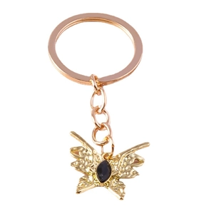 Elegant baroque butterfly keychain with black gemstone inlay in rose gold finish