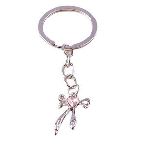 Silver bow keychain with pink heart gemstone, elegant bag pendant for women