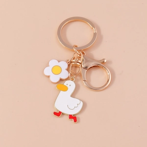 Cute cartoon white duck keychain with flower charm and golden lobster clasp hardware