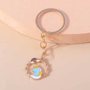 Cartoon unicorn keychain with golden metal ring and colorful enamel star rainbow pendant
