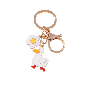 Cute cartoon duck and flower keychain with rose gold metal ring for bags and phones