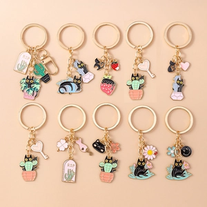 Cartoon Cat Enamel Keychain Cute Metal Animal Bag Pendant Heart Cactus Strawberry Key Ring Accessory Gift For Women Boys Girls