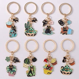 Cartoon black cat and cactus enamel keychains collection with eight various designs