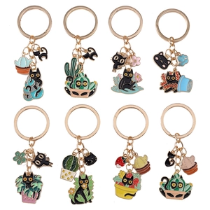 Set of 8 cute black cat enamel keychains with cactus and plant charms for backpacks