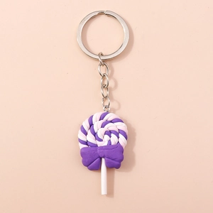 Detailed view of a purple and white spiral lollipop keychain with a cute violet bow accent